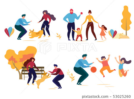 Cartoon Man Woman Dog Family Character in Park 53025260