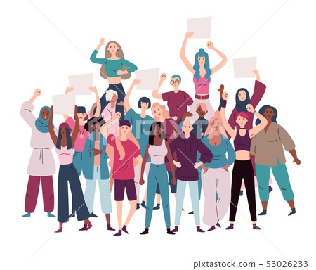 Crowd of demonstrators female protesting for equality and women empowerment. Crowd of demonstrators female protesting for equality and women empowerment. 53026233