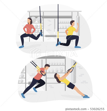 Fit people working out on trx doing bodyweight exercises. Fitness strength training workout. 53026255