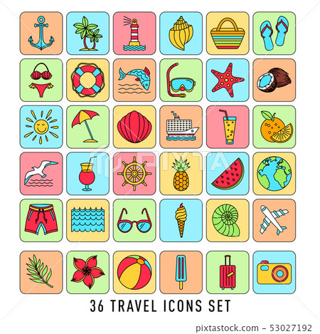 summer Set of 36 travel icons, thin line style, - Stock Illustration ...