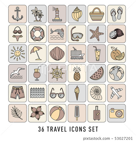 summer Set of 36 travel icons, thin line style, 53027201
