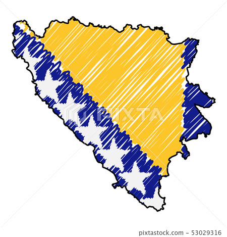 Bosnia And Herzegovina map hand drawn sketch. Vector concept illustration flag, childrens drawing 53029316