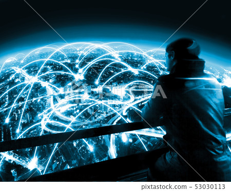 Cityscape at night and internet concept. 53030113