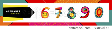 Font and numbers of Latin alphabet. Vector stylized colorful 6, 7, 8, 9, 0 numeral set. Typography Font and numbers of Latin alphabet. Vector stylized colorful 6, 7, 8, 9, 0 numeral set. Typography 53030142
