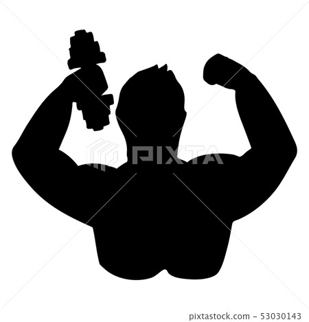 The silhouette of a bodybuilder with a dumbbell. 53030143