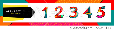 Font and numbers of Latin alphabet. Vector stylized colorful 1, 2, 3, 4, 5 numeral set. Typography Font and numbers of Latin alphabet. Vector stylized colorful 1, 2, 3, 4, 5 numeral set. Typography 53030145