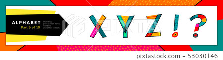 Font and alphabet. Vector stylized colorful x, y, z letters, and punctuation marks set. Typography Font and alphabet. Vector stylized colorful x, y, z letters, and punctuation marks set. Typography 53030146