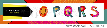 Font and alphabet. Vector stylized colorful o, p, q, r, s letters set. Typography design and 53030151