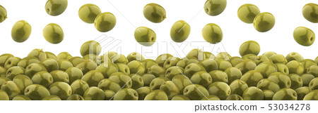 Falling green olives isolated on white background, heap of green pickled olives, seamless pattern 53034278