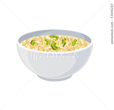 Flakes of popped rice in a ceramic bowl close-up. Vector illustration on white background. Flakes of popped rice in a ceramic bowl close-up. Vector illustration on white background. 53040287