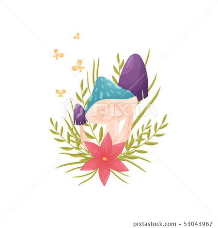 Mushrooms with colored hats are decorated with a pink flower and grass. Vector illustration on white 53043967
