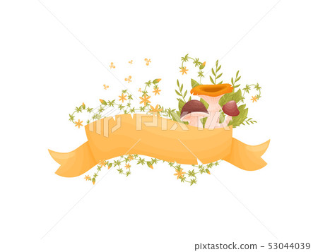 Orange ribbon decorated with mushrooms, flowers and leaves. Vector illustration on white background. 53044039