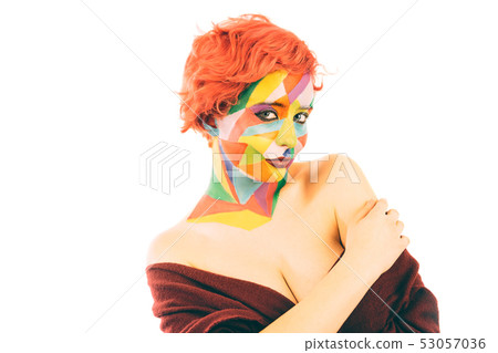 Woman with orange hair and art make up. Isolated 53057036