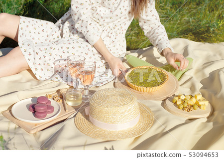 Picnic basket with fruit and bakery on red cloth in gardenmacaroon bakery transparent glasses of Picnic basket with fruit and bakery on red cloth in gardenmacaroon bakery transparent glasses of 53094653