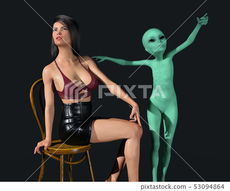 Attractive young woman and green alien 53094864