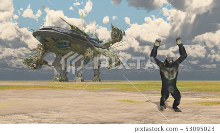 Huge spacecraft and chimpanzee in a landscape 53095023