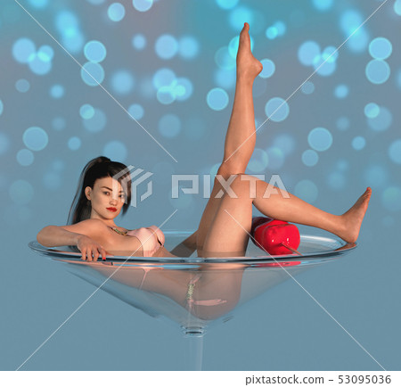 Woman in champagne glass with cherries 53095036