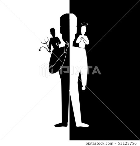 Cartoon Silhouette Black Character Man with Angel and Devil on Shoulders. Vector 53125756