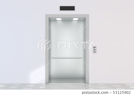 An empty modern elevator or lift with metal doors that are open 53125902