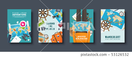 Travel and tourism flat style covers set. World, earth map navigation. Journey, summer time holidays Travel and tourism flat style covers set. World, earth map navigation. Journey, summer time holidays 53126532
