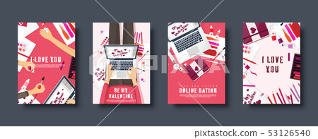 Flat covers set. Love and hearts. Valentines day. Be my valentine. 14 February. Vector illustration 53126540