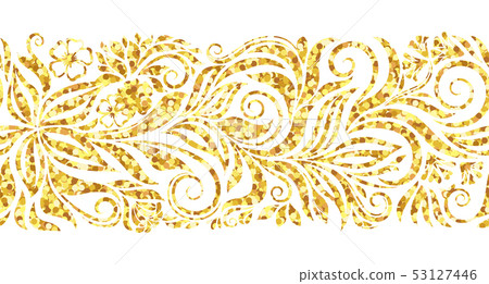 Sparkle glitter gold seamless border. Decorative swirls and flowers pattern on white background Sparkle glitter gold seamless border. Decorative swirls and flowers pattern on white background 53127446