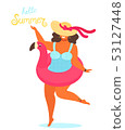 Hello summer background vector with a girl in a bathing suit and hand drawn text Hello Summer. Cute 53127448