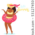 Hello summer background vector with a girl in a bathing suit and hand drawn text Hello Summer. Cute 53127450