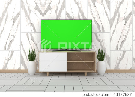 Smart Tv Mockup with blank black screen hanging Smart Tv Mockup with blank black screen hanging 53127687
