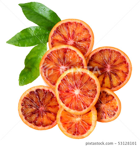 Blood orange slice with leaf top view isolated 53128101