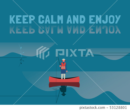 Fisherman in boat on calm water flat color vector 53128801