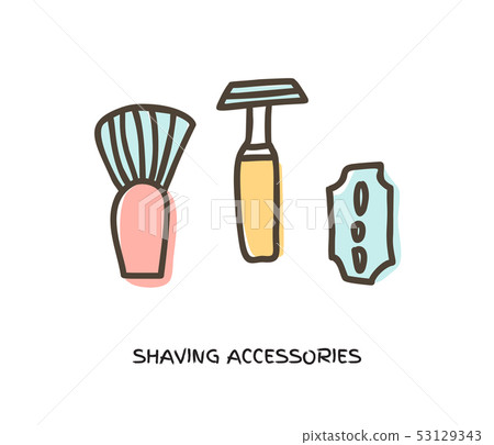 Traditional steel razor with hairy shaving brush isolated in white Traditional steel razor with hairy shaving brush isolated in white 53129343