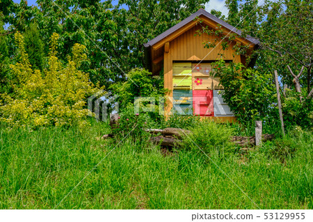 Wooden apiary, colorful beehives in garden 53129955