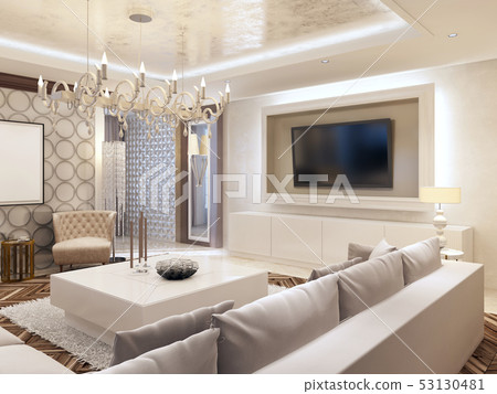 Modern living room in white colors with integrated 53130481