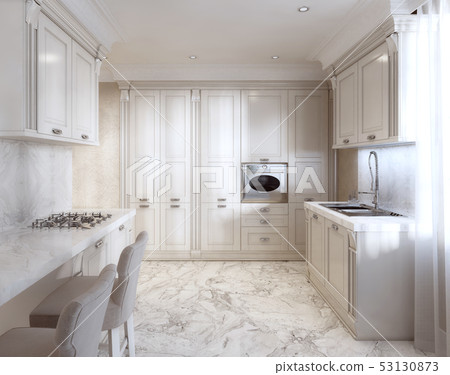 Classic kitchen with a Breakfast bar in ivory. Classic kitchen with a Breakfast bar in ivory. 53130873