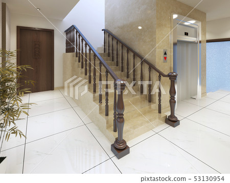 A stairway and Elevator in a luxury Spa complex. 53130954