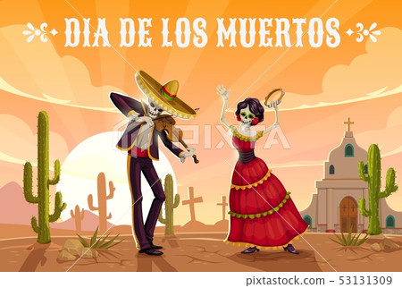 Skeletons dancing on cemetery. Mexican Day of Dead 53131309