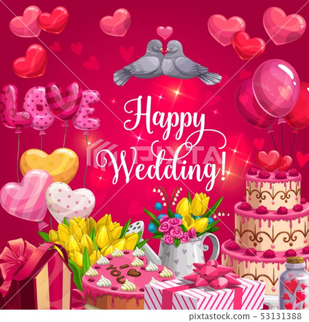 Happy Wedding Heart Cake Balloons And Flowers 插圖素材 圖庫