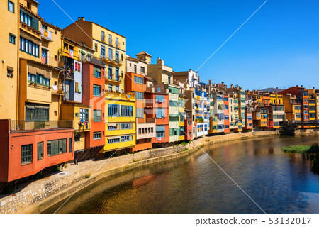 Traditional colorful facades in Girona Old Town, 53132017