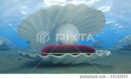 Mother of pearls underwater. Sea shell underwater with pearl inside and red velvet pillow. Oysters