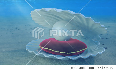 Mother of pearls underwater. Sea shell underwater with pearl\
inside and red velvet pillow. Oysters