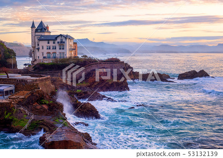 Biarritz, France, Basque coast in dramatic sunset 53132139