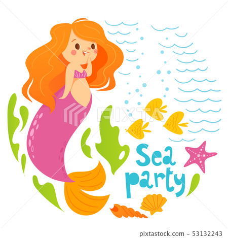Sea party cartoon style vector summer design with cute mermaid girl and sea fish  53132243