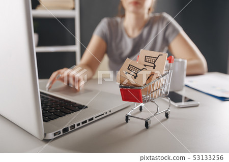 Online shopping . ecommerce and delivery service concept : Paper cartons with a cart or trolley logo 53133256