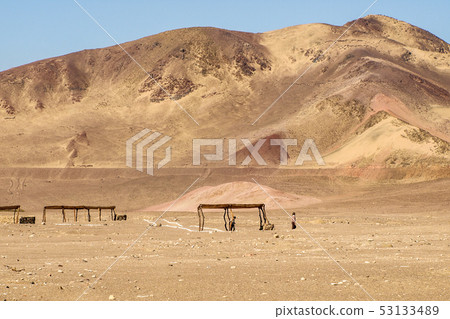 Chauchilla cemetery - prehispanic archeological site with protecting roofs in Nazca, Peru, South 53133489