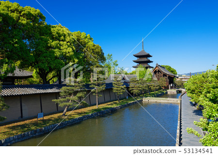 Landscape of the five-storied pagoda of Toji Temple and the waterside 53134541