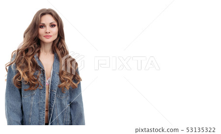 Gorgeous fair-haired lady in bra and denim jacket. Gorgeous fair-haired lady in bra and denim jacket. 53135322