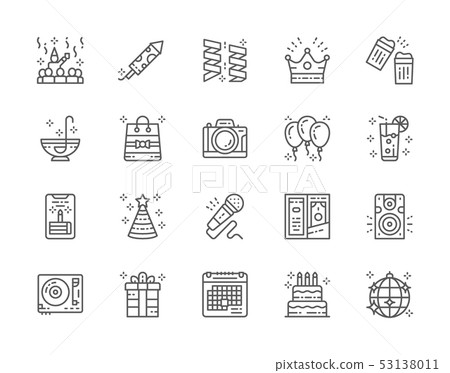 Set of Party Line Icons. Celebration, Firecracker, Garlands, Crown and more. Set of Party Line Icons. Celebration, Firecracker, Garlands, Crown and more. 53138011
