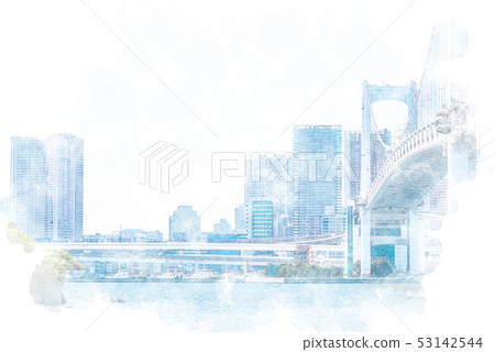 彩虹橋和高層公寓水彩風格 彩虹橋和高層公寓水彩風格 53142544