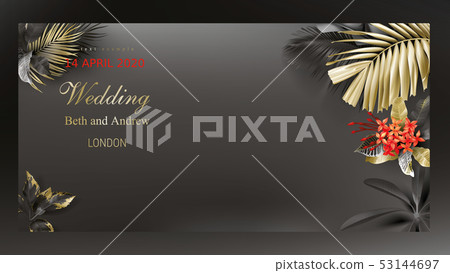 Tropical black and gold leaves on dark background 53144697